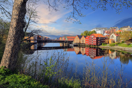 Spring in Trondheim, view of the river Nidelva and The Old bridge ( Den Gamle Bybro)