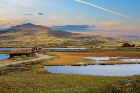Lake Orkel, popular for fishing and summer tourism, located in Oppdal county, Norwayの写真素材