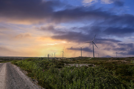 Wind turbines in the Smoela Wind Park located on the island Smoelaの写真素材