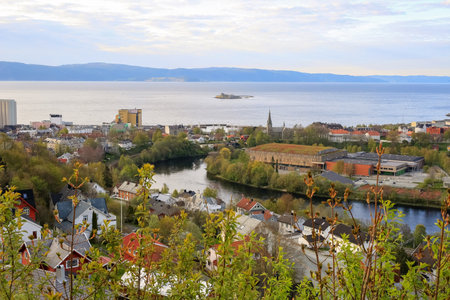 Spring in Trondheim, aerial view of Trondheim fjord, river Nidelva and the island Munkholmen