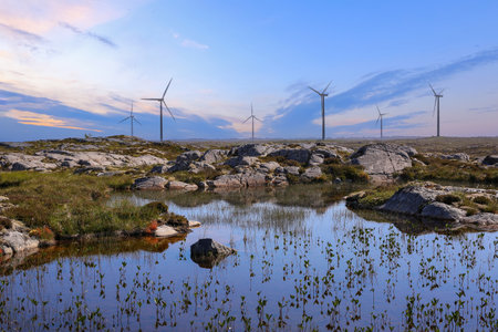 Wind turbines in the Smoela Wind Park located on the island Smoela, Aure municipality, Norwayの写真素材