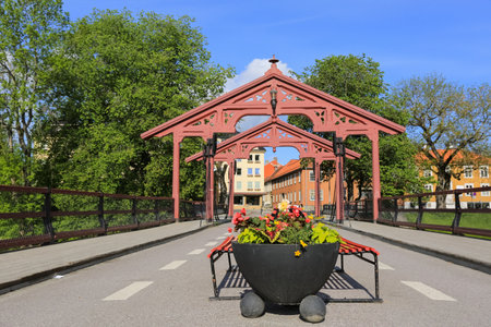 Summer in Trondheim, view of the Old Bridge ( den Gamle Bybro)at the river Nidelvaの写真素材