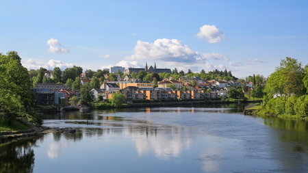 Summer in Trondheim, view of the river Nidelva and park Gloeshaugenの写真素材