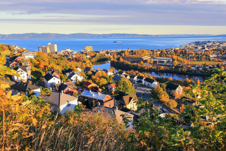 Autumn in Trondheim, aerial view of Trondheim fjord, island Munkholmen and the river Nidelva