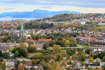 Aerial view of the cathedral Nidarosdomen  and historical down town in the city Trondheim in the autumnの写真素材
