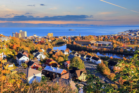 Autumn in Trondheim, aerial view of Trondheim fjord, river Nidelva  and island Munkholmenの写真素材