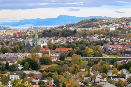 Autumn in Trondheim, aerial view of historical downtown
