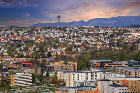 Spring in Trondheim, aerial view of the Tv Tower, residential district and St Olav hospital