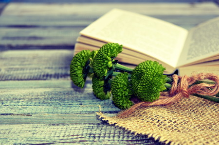 Open book with flowers on a wooden backgroundの写真素材