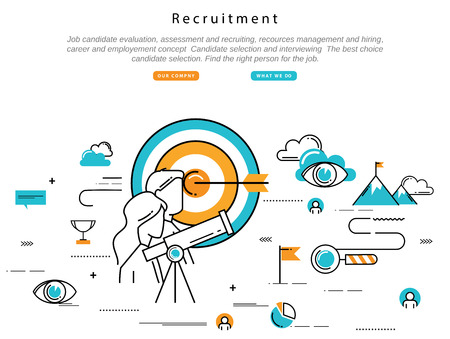 Line flat vector business design and infographic elements for job candidate evaluation, interviewing, assessment, recruiting, resources and corporate management, hiring, employment, career conceptのイラスト素材