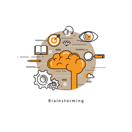 Brainstorming and analysis flat line business vector illustration design banner. Creative thinking process, education and research background. Design for learning, problem solving, trainings, coursesのイラスト素材