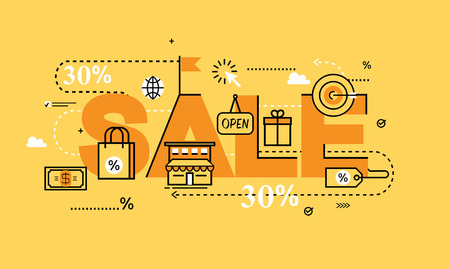 Word SALE for website banners. Flat line business illustration design and infographic elements for shopping, e-commerce services, promotions, discounts, sale, internet and online saleのイラスト素材