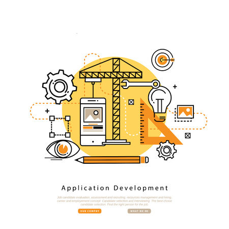 Application development flat line business illustration design banner, software API prototyping and testing background. Smartphone interface building process, website coding conceptのイラスト素材