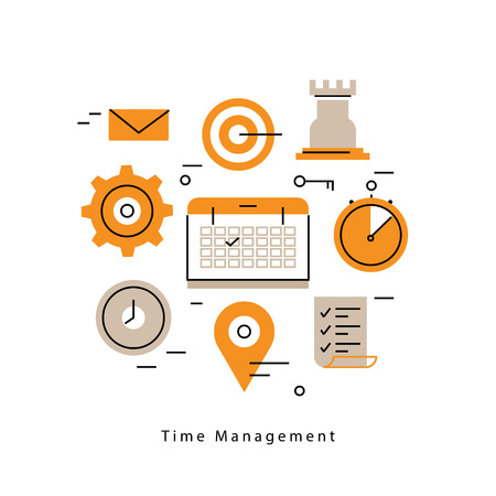 Time and business management, planning events, calendar, organization flat line business illustration design banner. Time control and optimization concept for mobile and web graphicsのイラスト素材