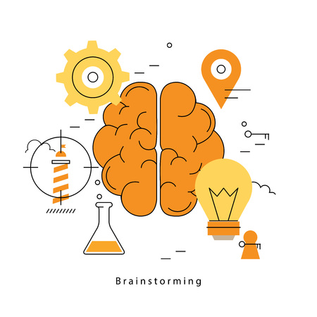 Brainstorming flat line business vector illustration design banner. Creative thinking, analysis, education, research, business idea background. Design for learning, problem solving, trainings, coursesのイラスト素材