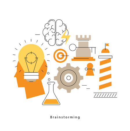 Brainstorming flat line business vector illustration design banner. Creative thinking, analysis, education, research, business idea background. Design for learning, problem solving, trainings, coursesのイラスト素材
