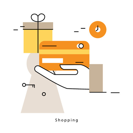 Online shopping and promotions flat line business vector illustration design banner. Concepts for online order and payment, e-commerce, delivery process, purchasing online for mobile and web graphicsのイラスト素材