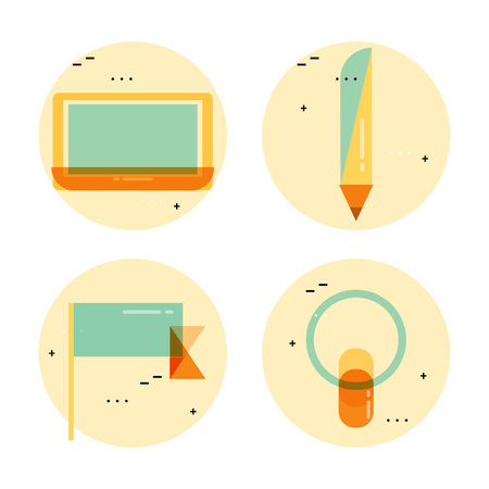 Icons for creative writing, design, blogging, freelance work, analysis, education, research, learning, trainings, courses. Flat line business vector illustration banner for mobile and web graphicsのイラスト素材