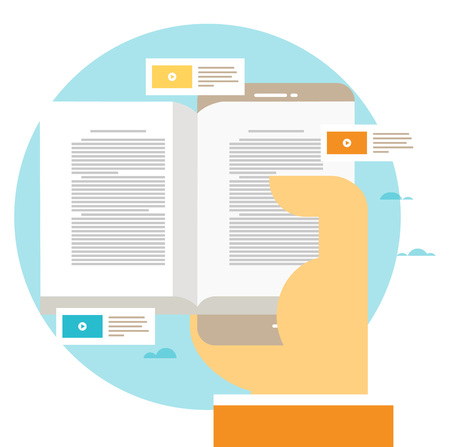 E-learning, online education flat vector illustration design. Distance education, online trainings, courses, internet studying, online book, tutorials design for mobile and web graphicsのイラスト素材