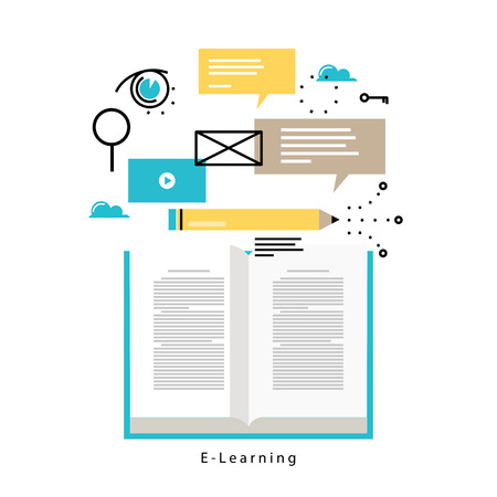 E-learning, online education flat vector illustration design. Distance education, online trainings, courses, internet studying, online book, tutorials design for mobile and web graphicsのイラスト素材