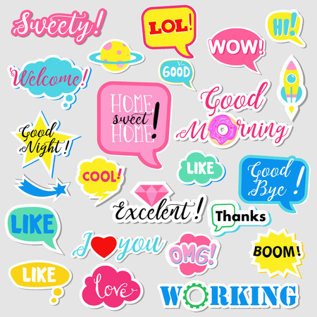Collection of flat design social network stickers. Set of stickers, pins, patches and badges vector illustration. Stickers for mobile messages, chat, social media, online communication, networkingのイラスト素材