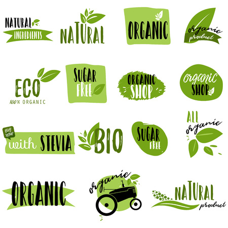 Stickers and badges for organic food and drink, restaurant, food store, natural products, farm fresh food, healthy products promotion. Natural products badges vector illustrationのイラスト素材