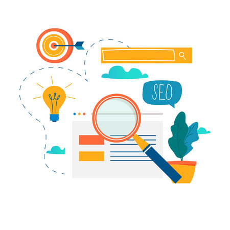 SEO, search engine optimization, keyword research, market research flat vector illustration. SEO concept. Web site coding, internet searching optimization design for mobile and web graphics.のイラスト素材