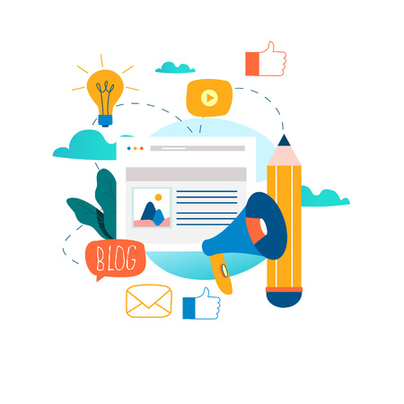 Blogging, education, creative writing, content management, writing articles, news, copywriting, seminars, tutorials, workshops flat vector illustration design for mobile and web graphicsのイラスト素材