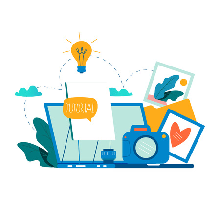 Photography classes, photography courses, tutorials, education concept, workshops flat vector illustrationのイラスト素材