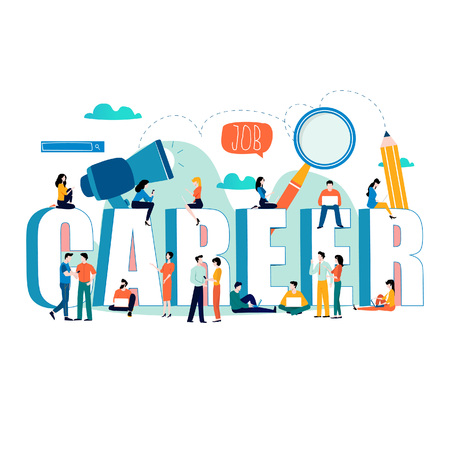 Job search, recruitment, hiring, employment, freelance, jobs, career concept. Flat vector illustration design for mobile and web graphics. Word career with group of people.のイラスト素材