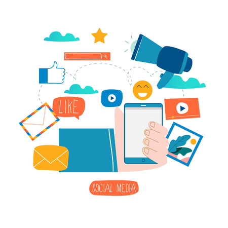 Social media, social networking, video and photo sharing, communication, chatting and messaging flat vector illustration design for mobile and web graphicsのイラスト素材