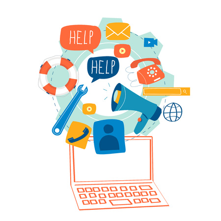 Customer service, customer assistance, call center flat vector illustration. Technical support, online help concept for web banner, business presentation, advertising materialのイラスト素材