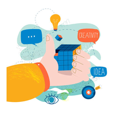 Problem solving, creative solution, innovative business approach, brainstorming and unique ideas and skills flat vector illustration design for mobile and web graphicsのイラスト素材