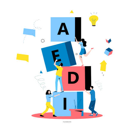 Team work, cooperation, partnership, corporate development, problem solving, creative solutions, innovative business approach, brainstorming, unique ideas and skills flat vector illustrationのイラスト素材