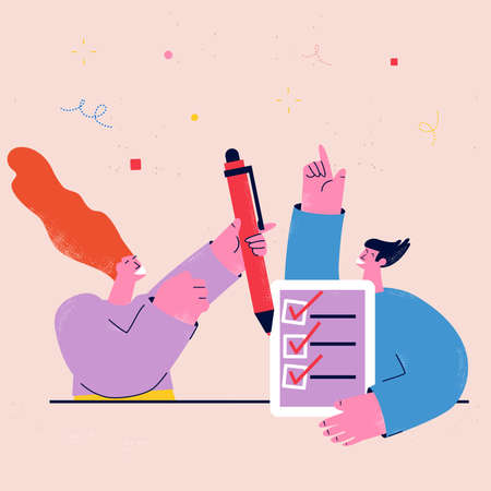 Man with checklist and woman with pencil, teamwork, completed survey, business tasks organization, positive report, questionnaire form concept flat vector illustration. Checklist with tick marksのイラスト素材