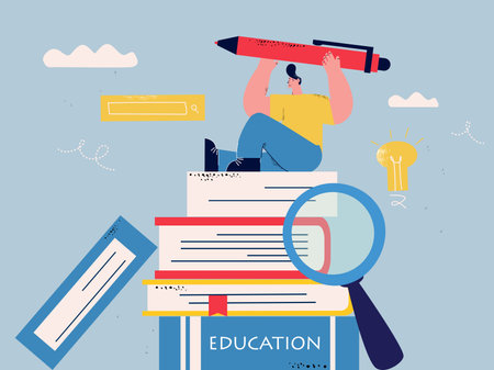 Education, learning, teaching flat vector illustration. Classes, lessons, training courses, tutorials, books and research, library, searching for a book concept for mobile and web graphicsのイラスト素材