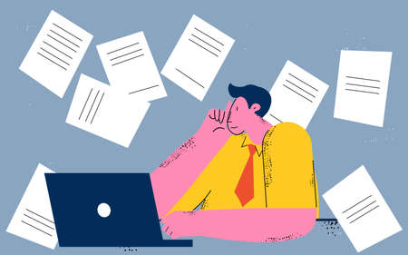 Business work, business productivity, office work, paperwork and research, busy company worker, desk work concept flat vector illustration designのイラスト素材