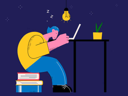 Work burnout, woman asleep, exhausted student, tired freelancer, business job overwhelmed employee, deadline concept flat vector illustrationのイラスト素材