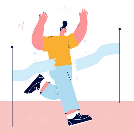 Winning and victory concept, leadership and success, business goal, career goal, reaching professional objective flat vector illustration design. Man reaching finish lineのイラスト素材