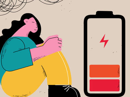 Depression, anxiety problems, burnout, stress concept flat vector illustration. Sad, unhappy, exhausted and tired woman thinking, feeling stressed and frustratedのイラスト素材