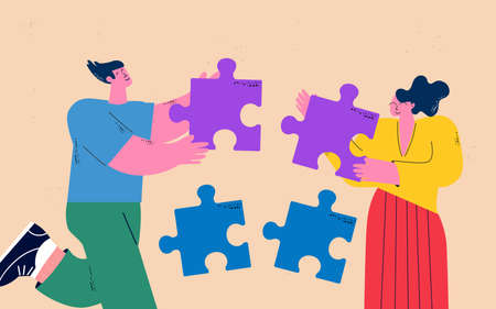 Team work, partnership, collaboration, problem solving, innovative business approach, strategy and planning concept. People joining puzzle pieces together flat vector illustration designのイラスト素材