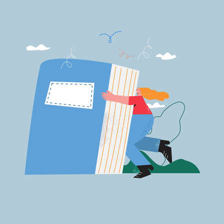 Education, learning, reading a book flat vector illustration. Classes, lessons, training courses, tutorials. Young happy woman reading. Library, bookstore concept for mobile and web graphicsのイラスト素材