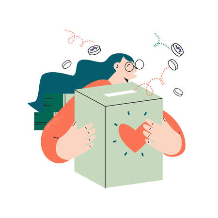 Donation and charity, financial aid, fundraising concept flat vector illustration. Female volunteer collecting charity money, financial help and solidarityのイラスト素材