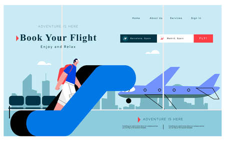 Traveling young man at the airport terminal flat vector illustration. Travel and vacation, business trip concept. Male traveler at departure terminalのイラスト素材