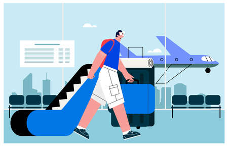 Traveling young man at the airport terminal with suitcase flat vector illustration. Travel and vacation, business trip concept. Male traveler at departure terminalのイラスト素材