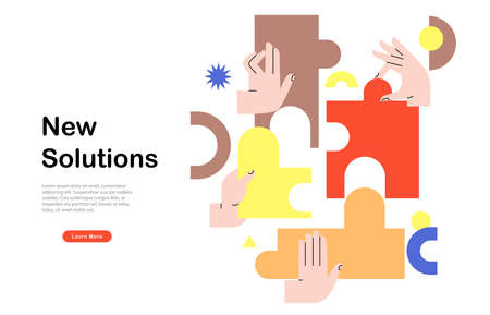 Team work, team building, corporate organization, partnership, problem solving, innovative business approach, brainstorming, unique ideas and skills with puzzle pieces flat vectorのイラスト素材