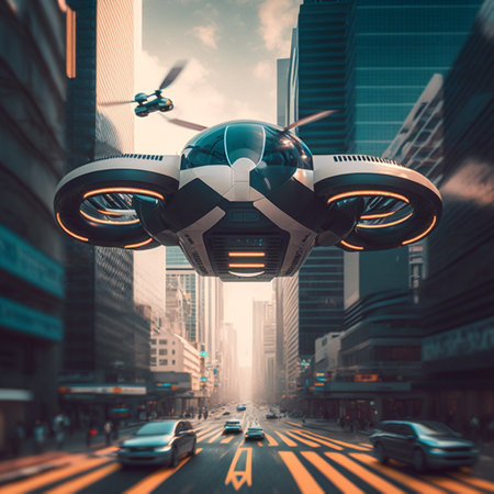 Futuristic aerial mobility. Ultra-modern passenger drone transport in modern city. AI generative design. Innovative commuting serviceの素材