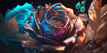 Luxury golden and turquoise, nature-inspired background with 3d rose and buds. Lush, fantasy-like vegetation, AI generated illustration. Elegant, and surreal, neon-light rose decorの素材