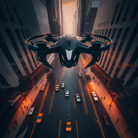 Futuristic aerial mobility. Ultra-modern passenger drone transport in modern city. AI generative design. Innovative commuting serviceの素材