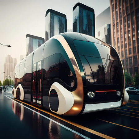 Futuristic urban mobility, ultramodern bus in the city. Coach AI generative design. Passenger commuting, innovative transport solutions. Rapid shuttle transit concept.の素材